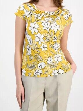 Kasper Yellow Floral Short-Sleeve Scoop Neck Top
